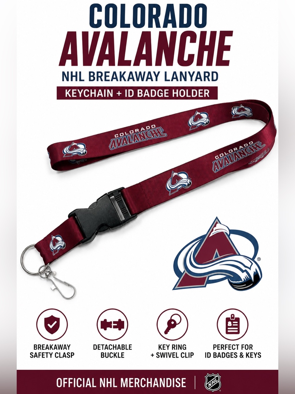 Colorado Avalanche NHL Breakaway Lanyard Keychain ID Badge Holder Detachable - Picture 1 of 5